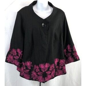 Teresa Renz trenz linen jacket blazer XL Blk Purple embroidered floral 3/4Sleeve